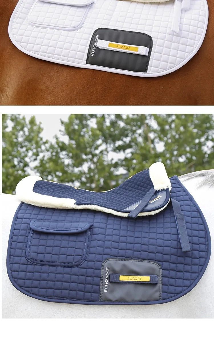 Riding saddle pad for shock absorption and waist protection in equestrian and cycling sports.