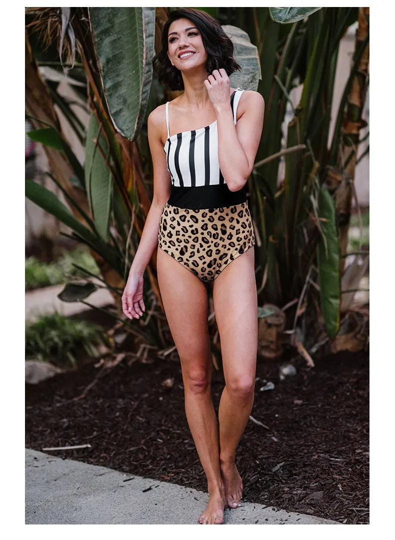Women's leopard print high waist swimsuit with asymmetric collar design
