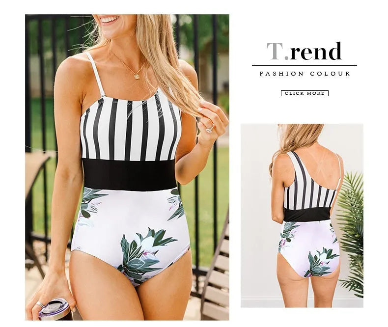 Women's leopard print high waist swimsuit with asymmetric collar design