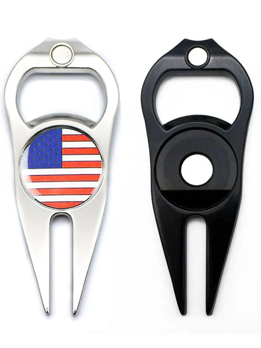 Zinc alloy golf ball yoke bottle opener tool with silver coin marker in black green or silver