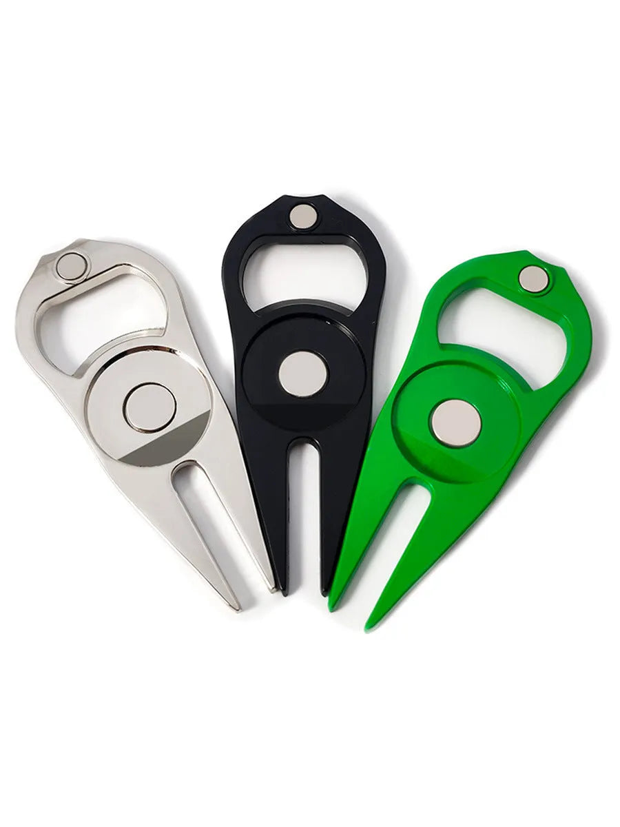 Zinc alloy golf ball yoke bottle opener tool with silver coin marker in black green or silver