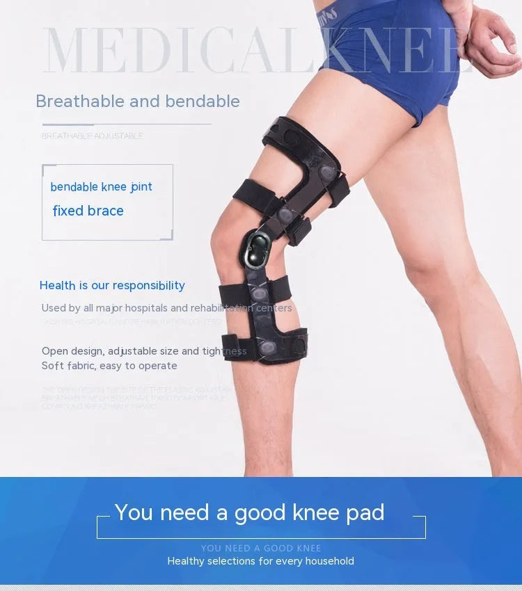 Black knee supporter with metal stabilisers for anterior ligament support in multiple size options