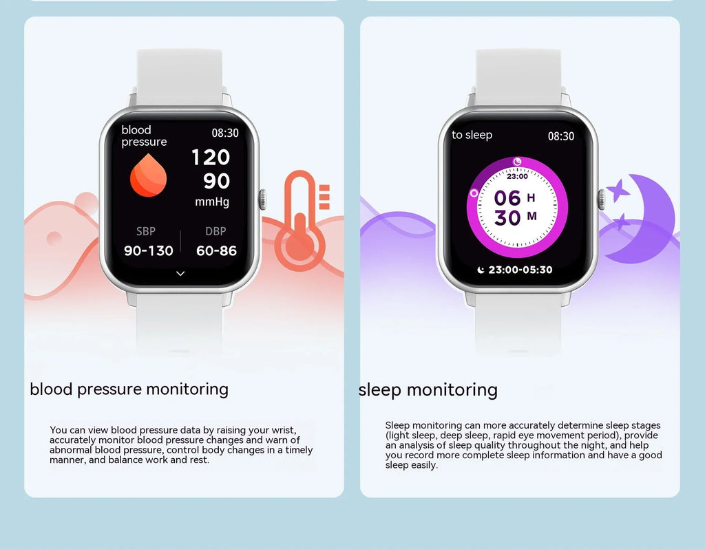 Bluetooth smart watch with touch screen displayed in black, silver grey, pink, and khaki colour options.