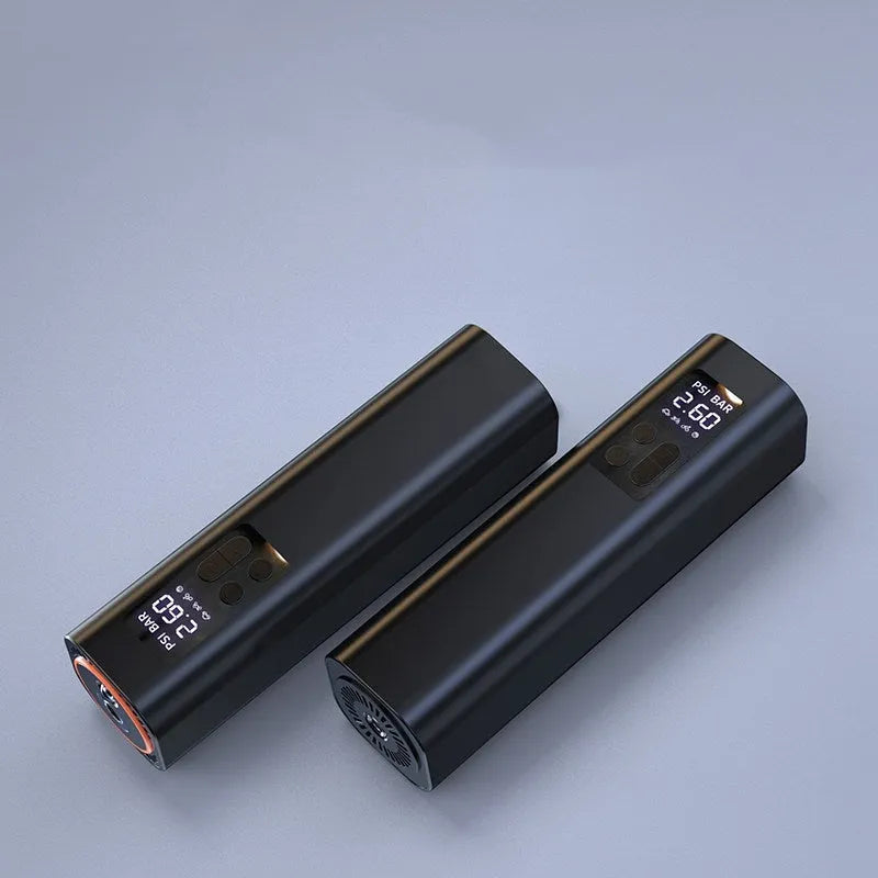 Black digital car tyre inflator with LCD display showing 18cm length scale