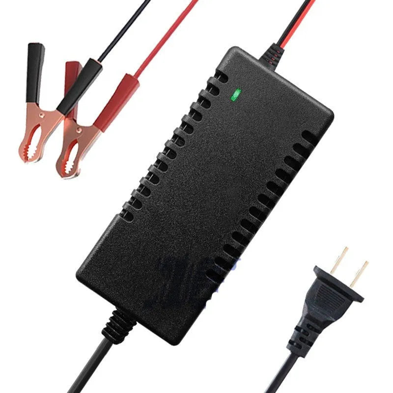 12V 3A lead acid battery charger for motorcycle and car, showing American and European plug options.