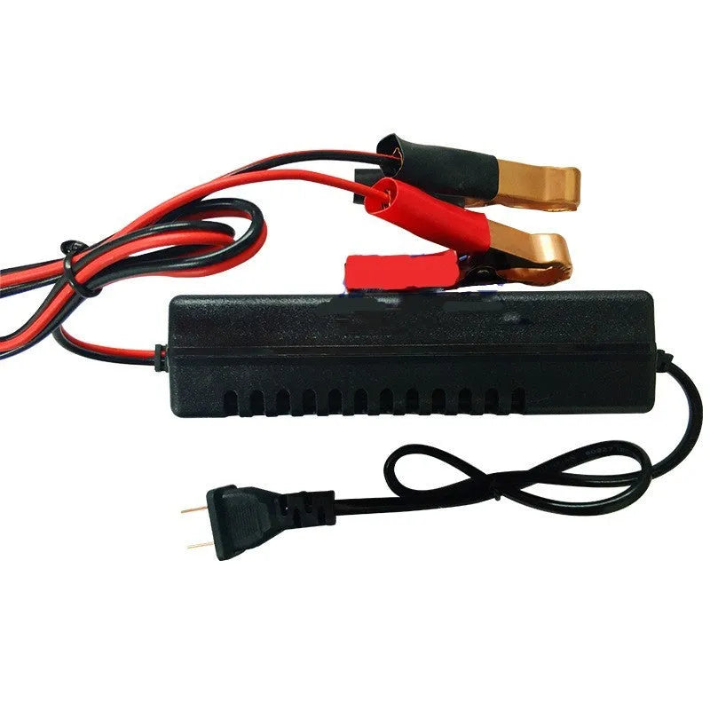 12V 3A lead acid battery charger for motorcycle and car, showing American and European plug options.