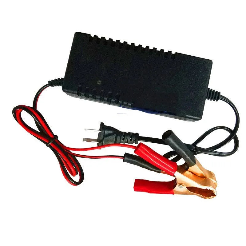 12V 3A lead acid battery charger for motorcycle and car, showing American and European plug options.