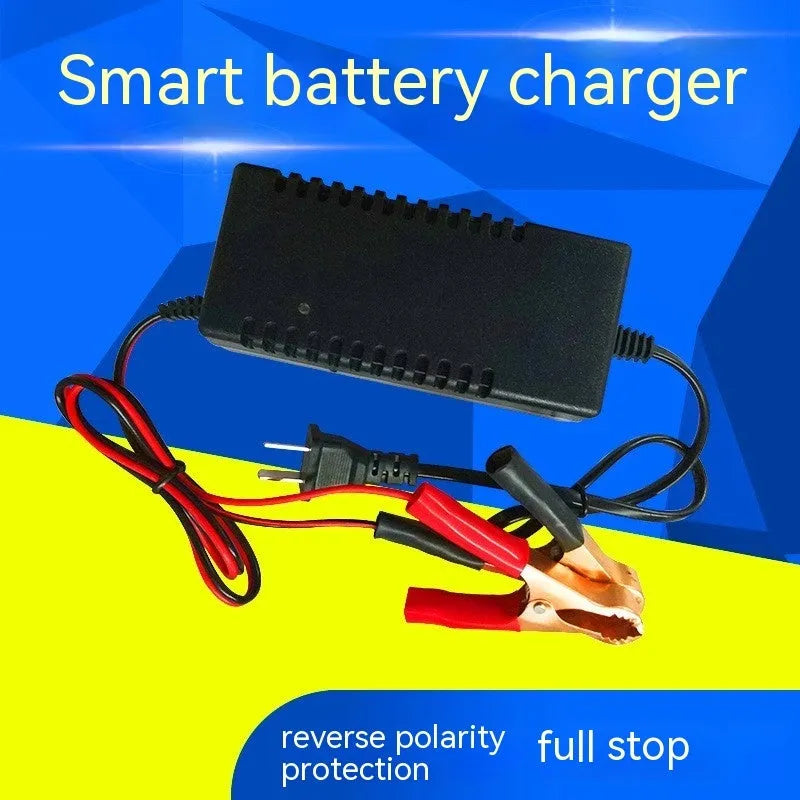 12V 3A lead acid battery charger for motorcycle and car, showing American and European plug options.