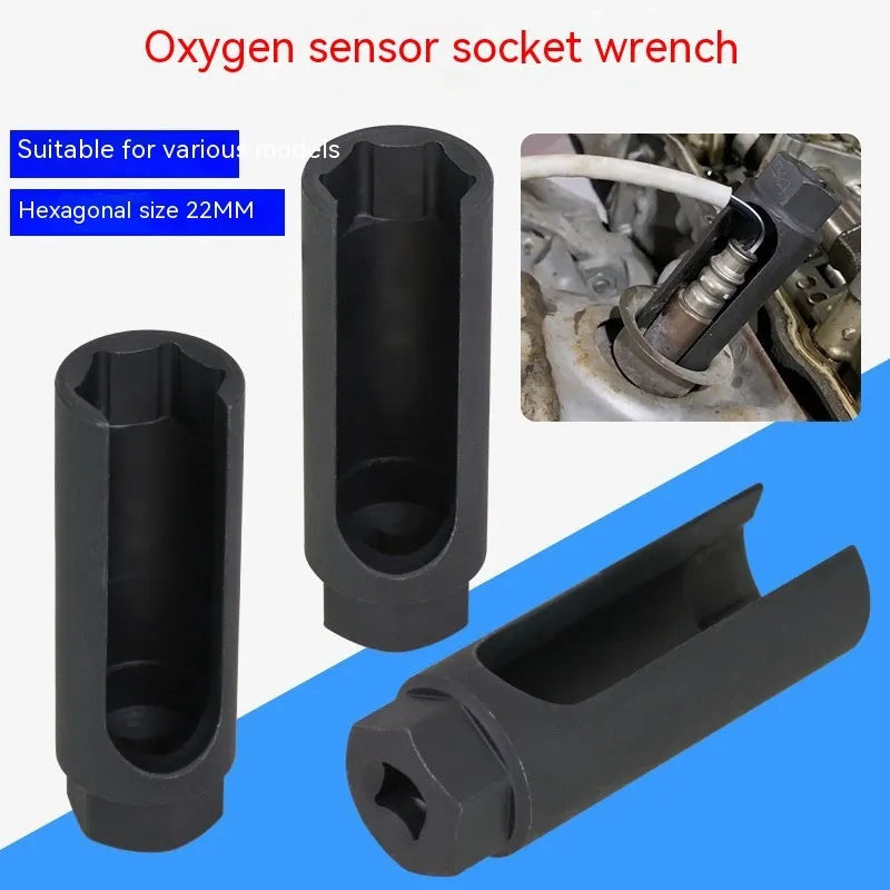 Black chromium vanadium steel oxygen sensor sleeve tool with 22mm hexagonal socket opening.
