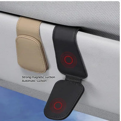 Car sunglasses clip holder made from PU leather in various colours, clipped to a sun visor.