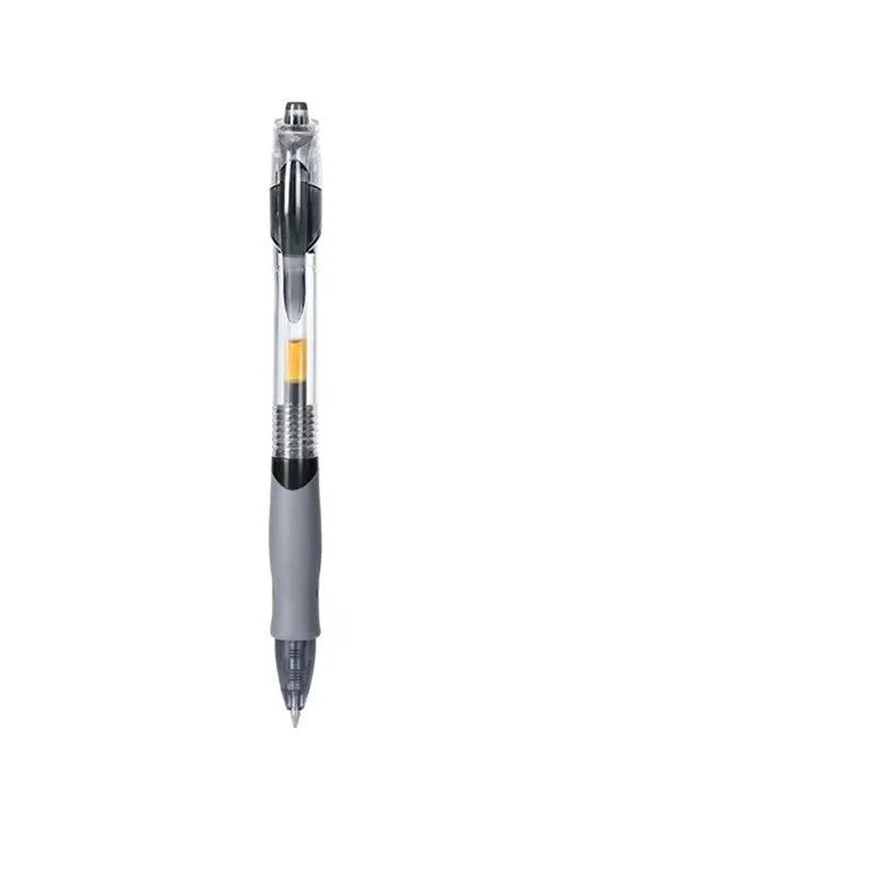 A black, blue, and red 0.5mm gel pen with a plastic barrel on a white background.