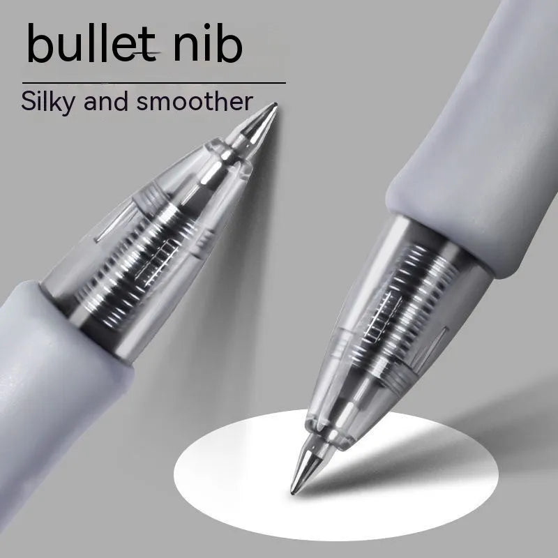 A black, blue, and red 0.5mm gel pen with a plastic barrel on a white background.