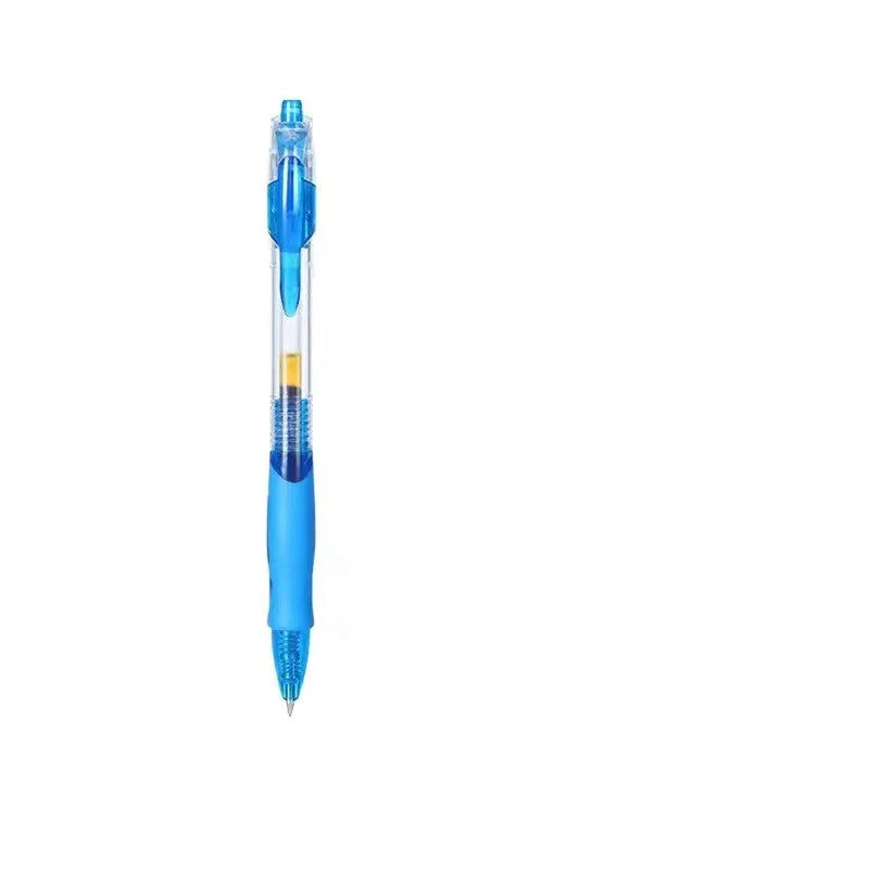 A black, blue, and red 0.5mm gel pen with a plastic barrel on a white background.