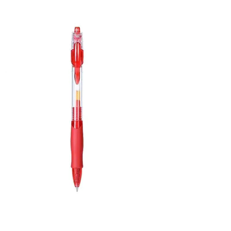 A black, blue, and red 0.5mm gel pen with a plastic barrel on a white background.