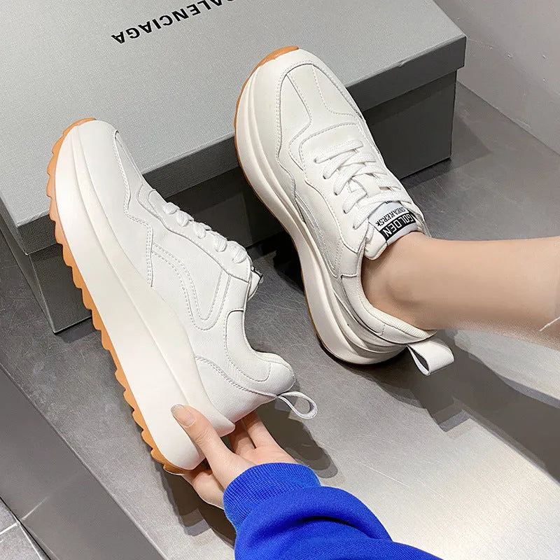 Women's white cowhide leather casual sports shoes with cross strap and round toe design