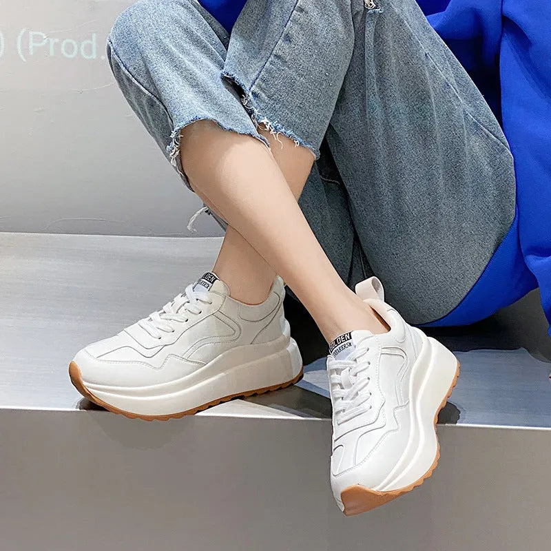 Women's white cowhide leather casual sports shoes with cross strap and round toe design