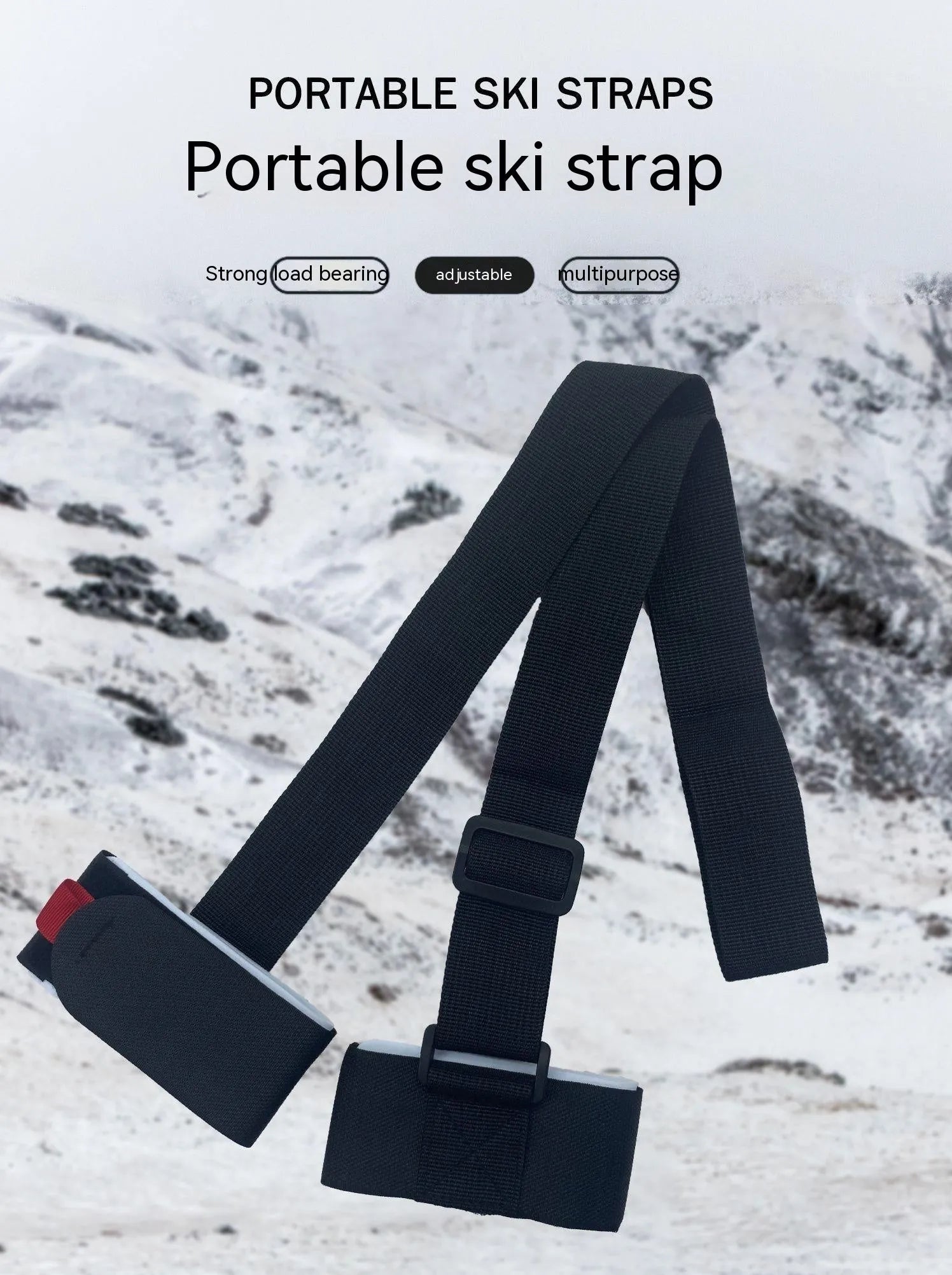 Adjustable black skiing bandage shoulder strap with hook and loop fastening for sled carrying.