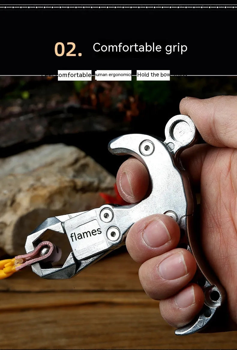 Zinc alloy archery release aid showing metallic finish and two-axis harpoon clip mechanism