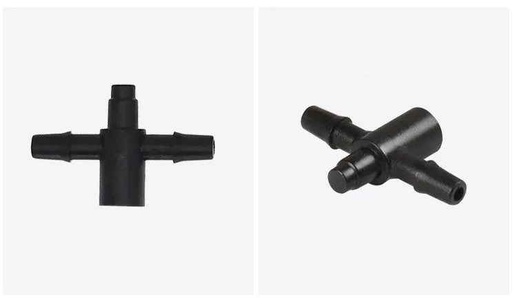A white or black PE plastic tee water distributor joint for micro spray irrigation systems.