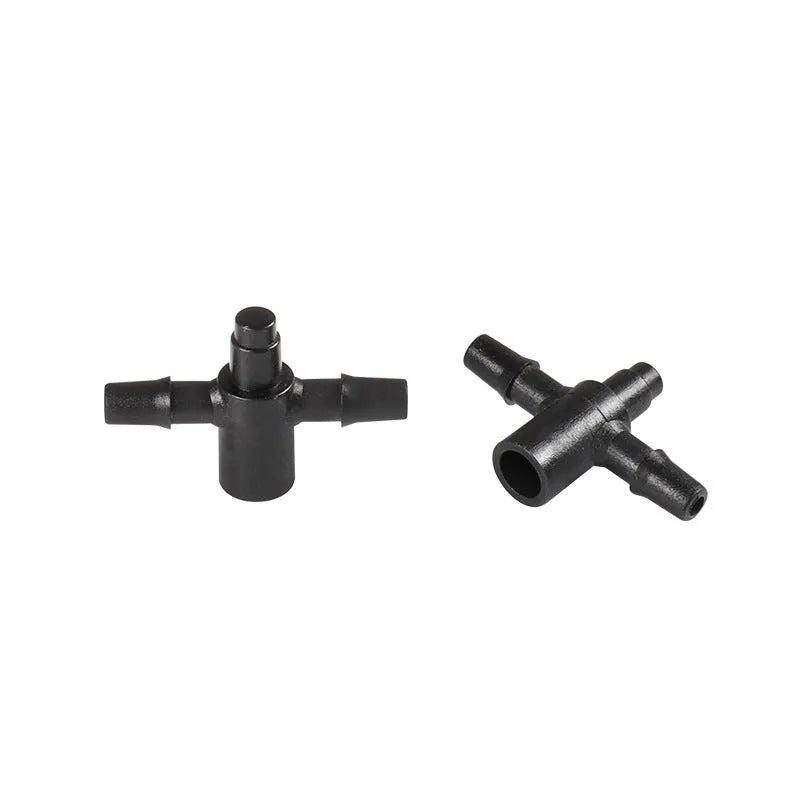 A white or black PE plastic tee water distributor joint for micro spray irrigation systems.