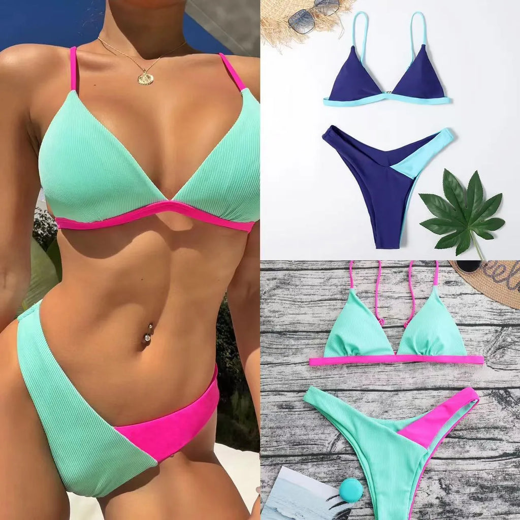 Women's European style swimsuit briefs bikini set in nylon fabric with bra and panties