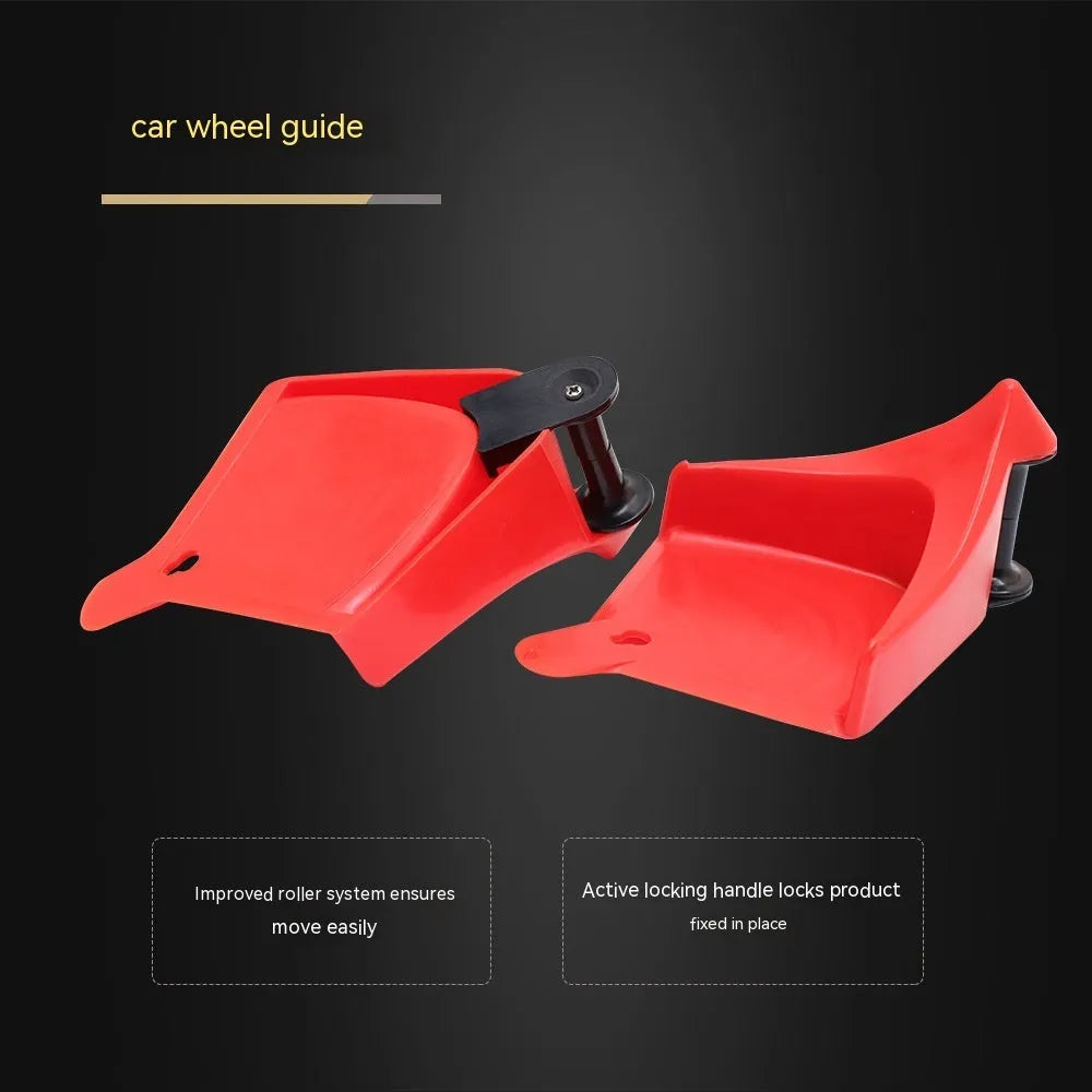 Set of four red plastic and black rubber triangle car parking blocks or wheel stops