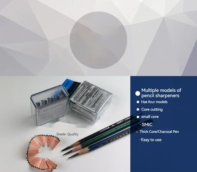 Geometric plastic pencil sharpener with four holes and an included screwdriver for blade maintenance.