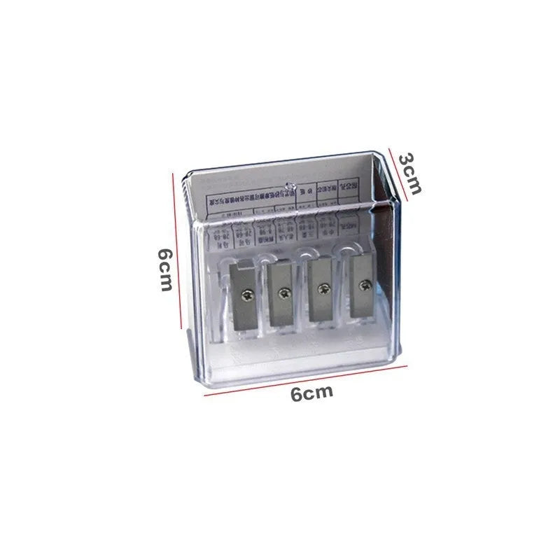 Geometric plastic pencil sharpener with four holes and an included screwdriver for blade maintenance.