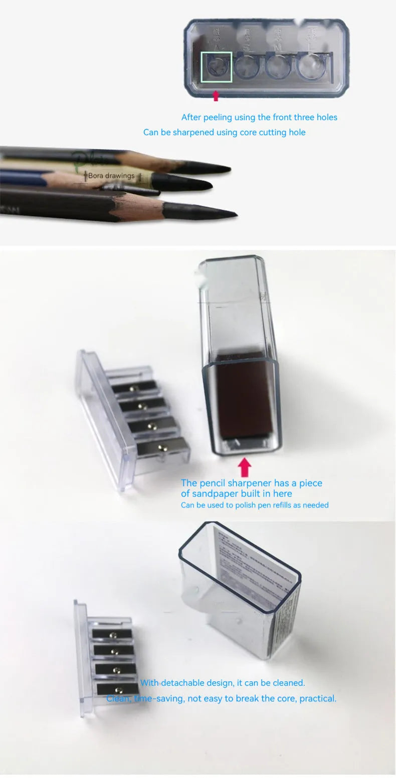 Geometric plastic pencil sharpener with four holes and an included screwdriver for blade maintenance.