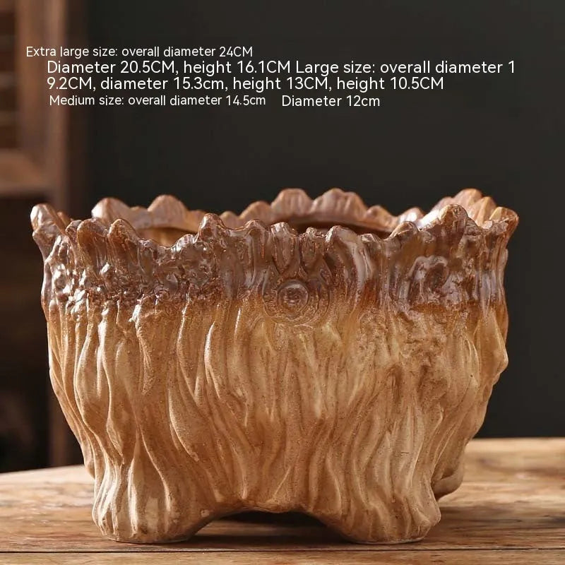 Ceramic flower pot in wood shaped tree root design for succulents, available in extra large size