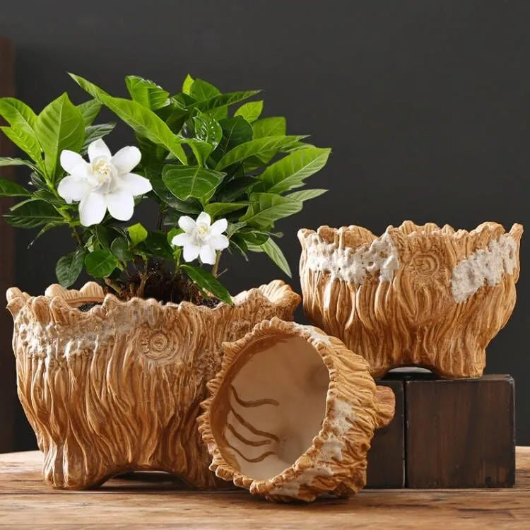 Ceramic flower pot in wood shaped tree root design for succulents, available in extra large size