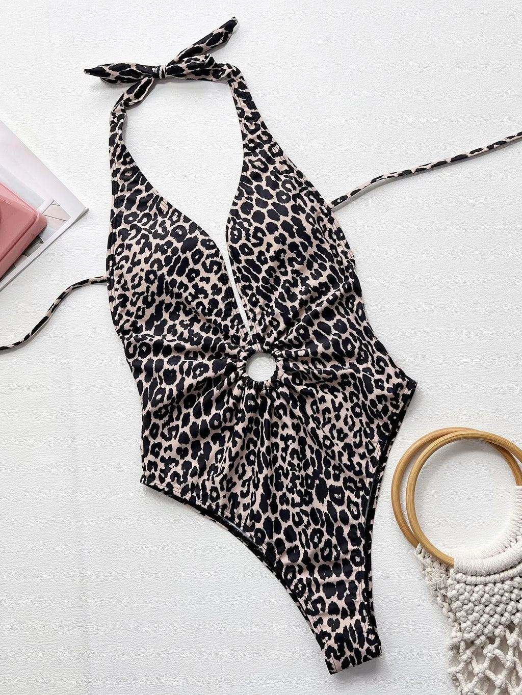 Women's leopard print one-piece swimsuit with hollow-out ring design on front