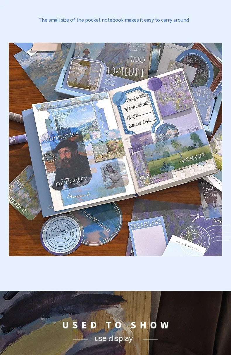 A6 creative journal gift box open to show grid notebook, bookclothes cover, material paper, cards, envelopes, stickers, and a water drop bookmark.