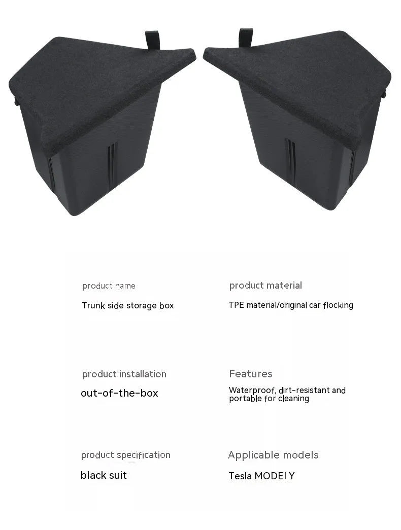 TPE trunk side storage box covers for Tesla Model 3 and Model Y vehicles