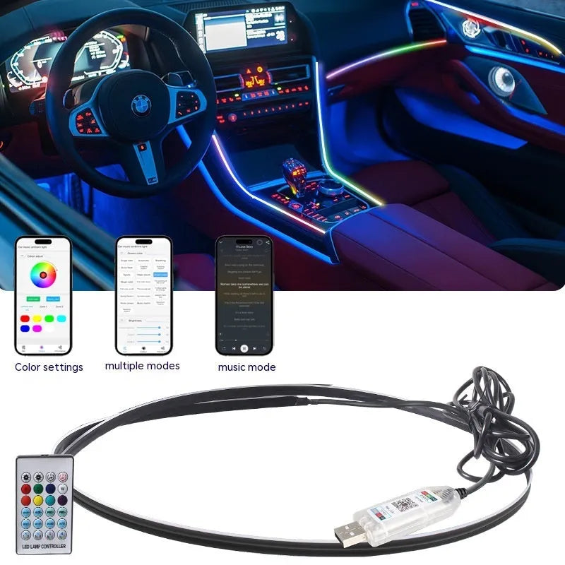 Car interior ambient lighting strip with remote control and USB connection for vehicle installation
