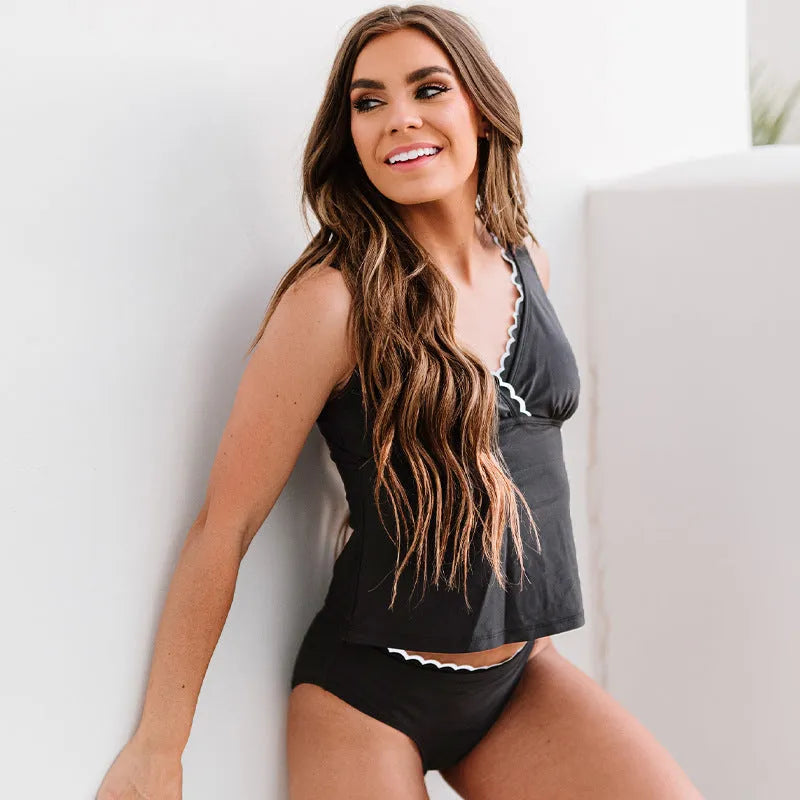 Black nylon women's split bikini swimsuit set sleeveless design