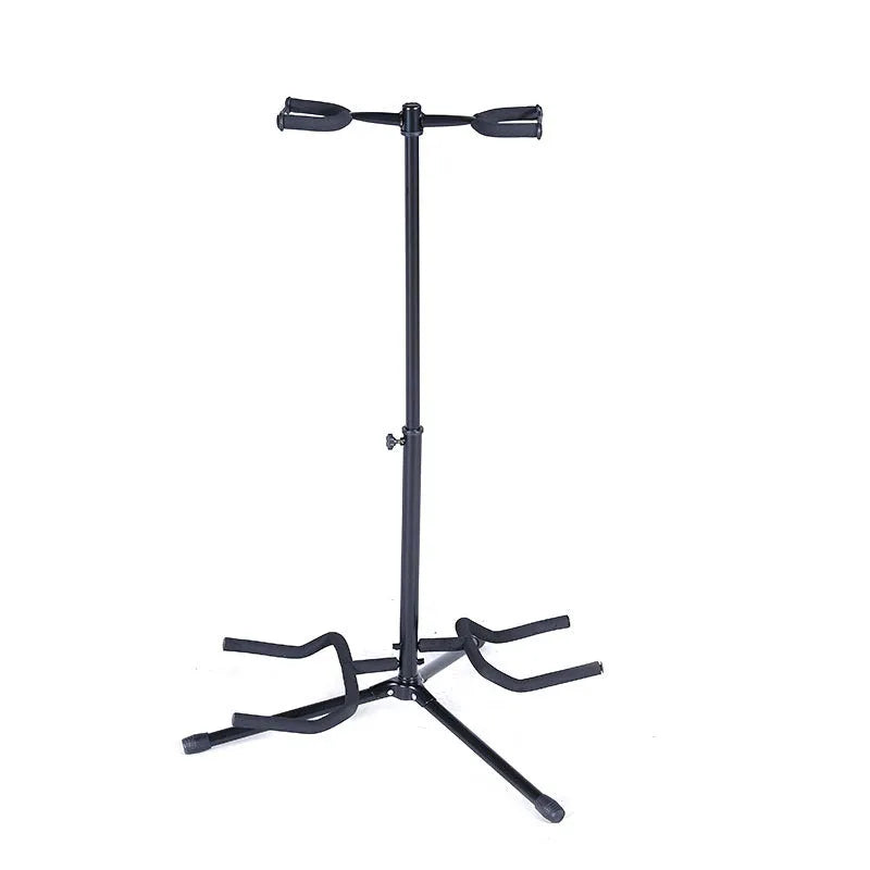 Black vertical double-headed adjustable guitar wall mount stand holding two guitars