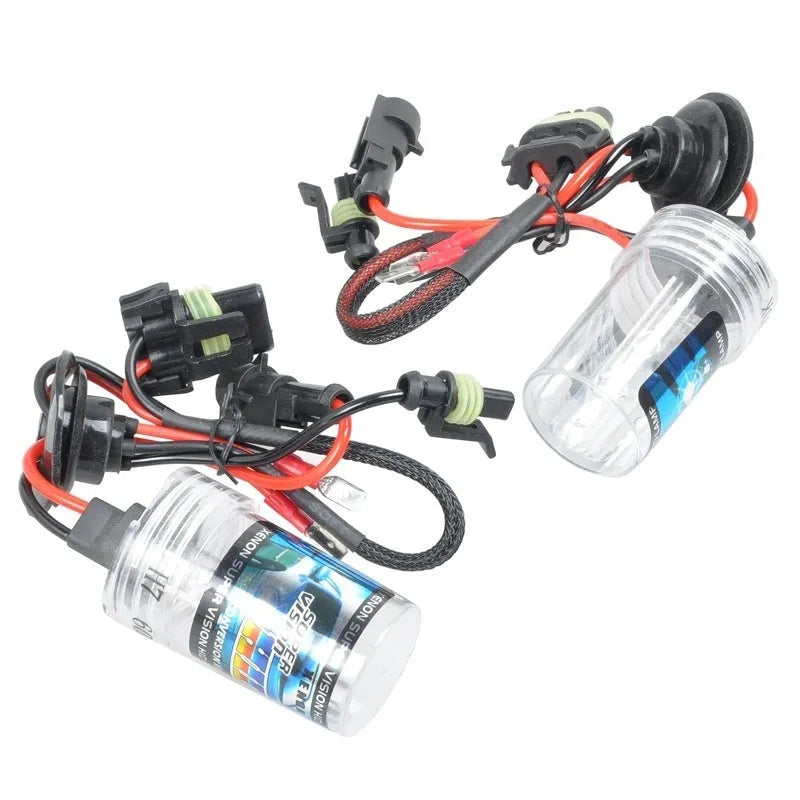 Single xenon headlight bulb for car with H1 H7 9005 type bases in white, yellow, or blue light options.