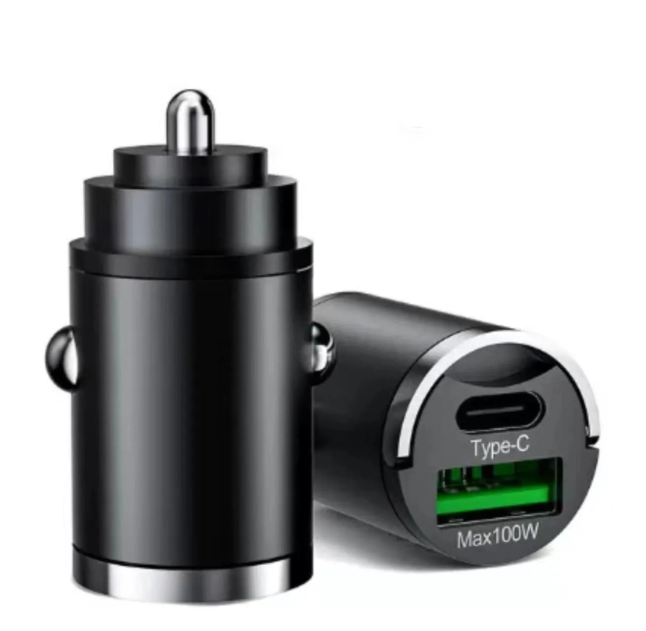 Black metal car charger with pull-tab design and USB charging port