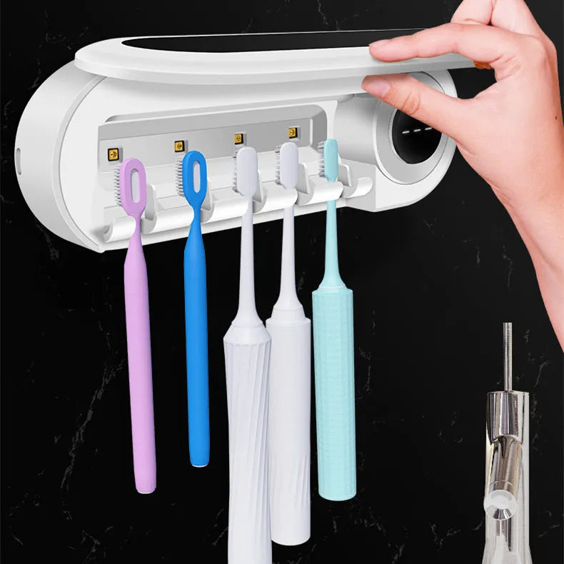 Ivory white wall mounted UV toothbrush steriliser holder with digital display and space for 5 toothbrushes