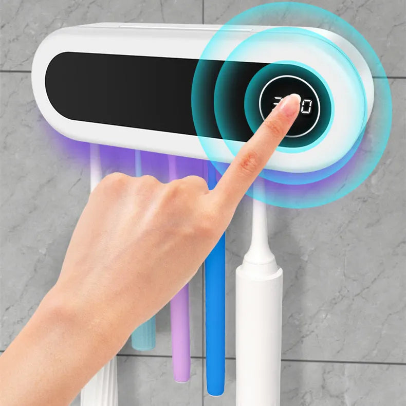 Ivory white wall mounted UV toothbrush steriliser holder with digital display and space for 5 toothbrushes
