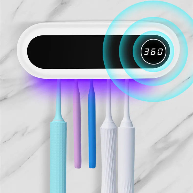 Ivory white wall mounted UV toothbrush steriliser holder with digital display and space for 5 toothbrushes