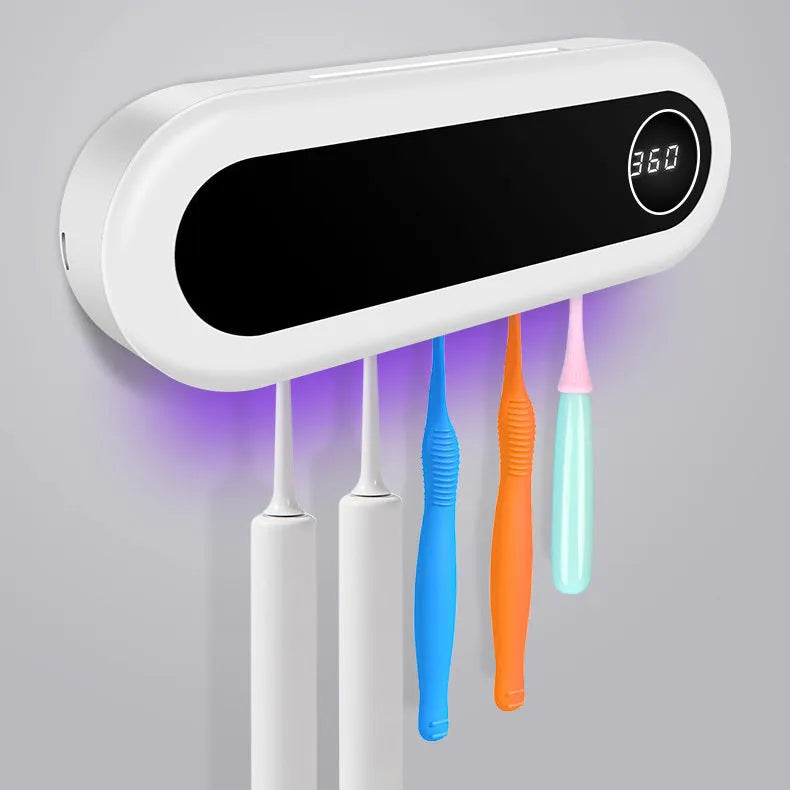 Ivory white wall mounted UV toothbrush steriliser holder with digital display and space for 5 toothbrushes