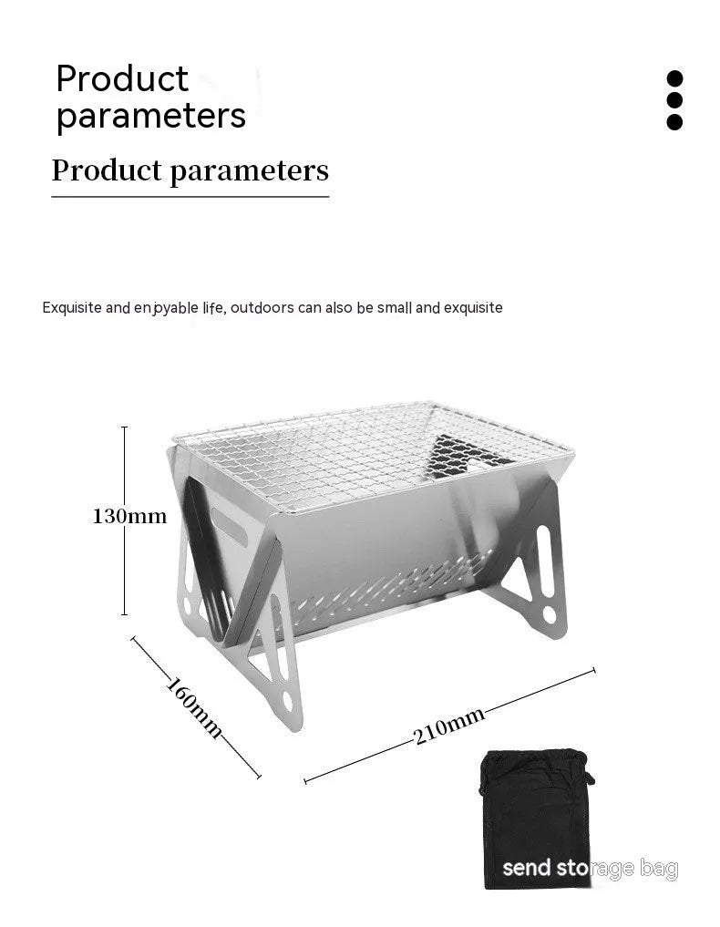 Large foldable stainless steel barbecue oven with storage bag, set up for outdoor use.