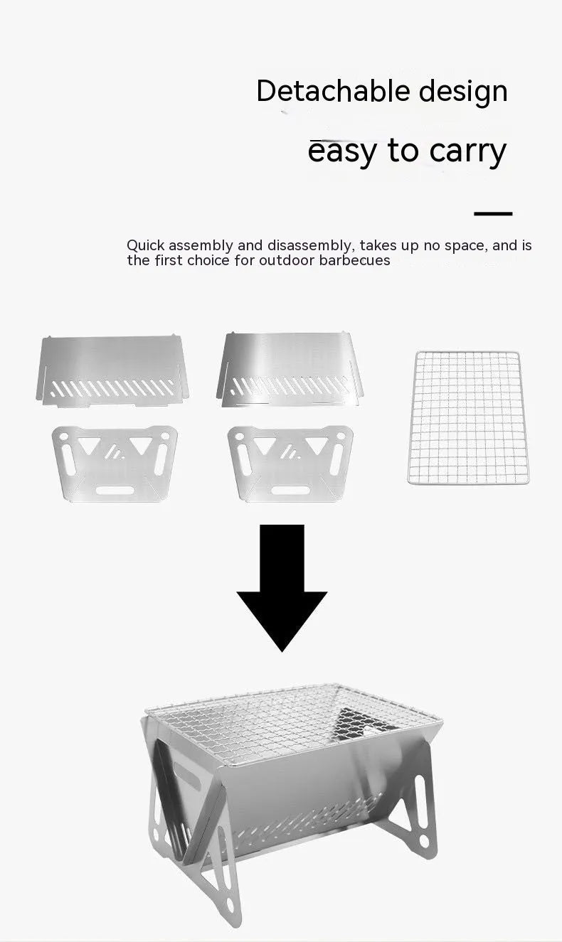 Large foldable stainless steel barbecue oven with storage bag, set up for outdoor use.