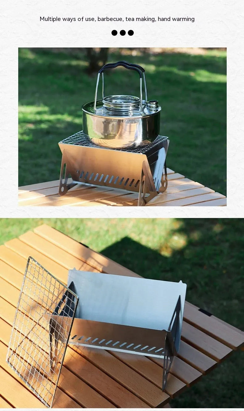 Large foldable stainless steel barbecue oven with storage bag, set up for outdoor use.