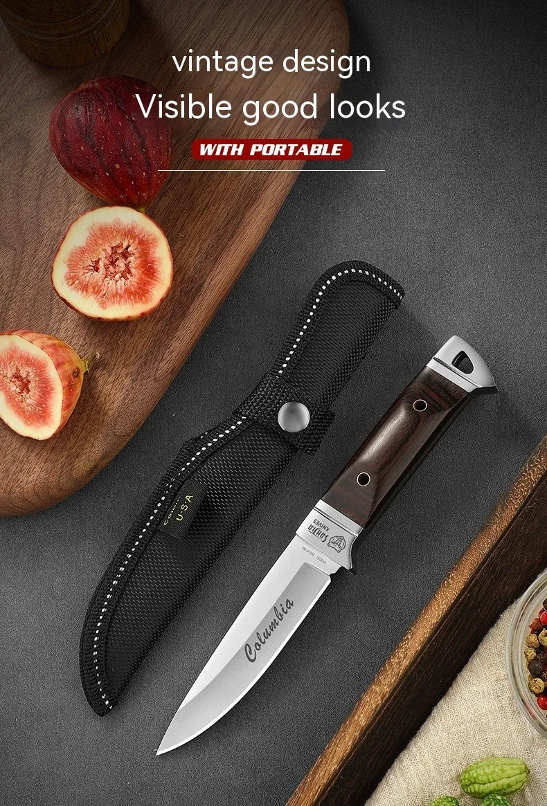 Camping portable fruit knife with leather case, stainless steel blade, national style design