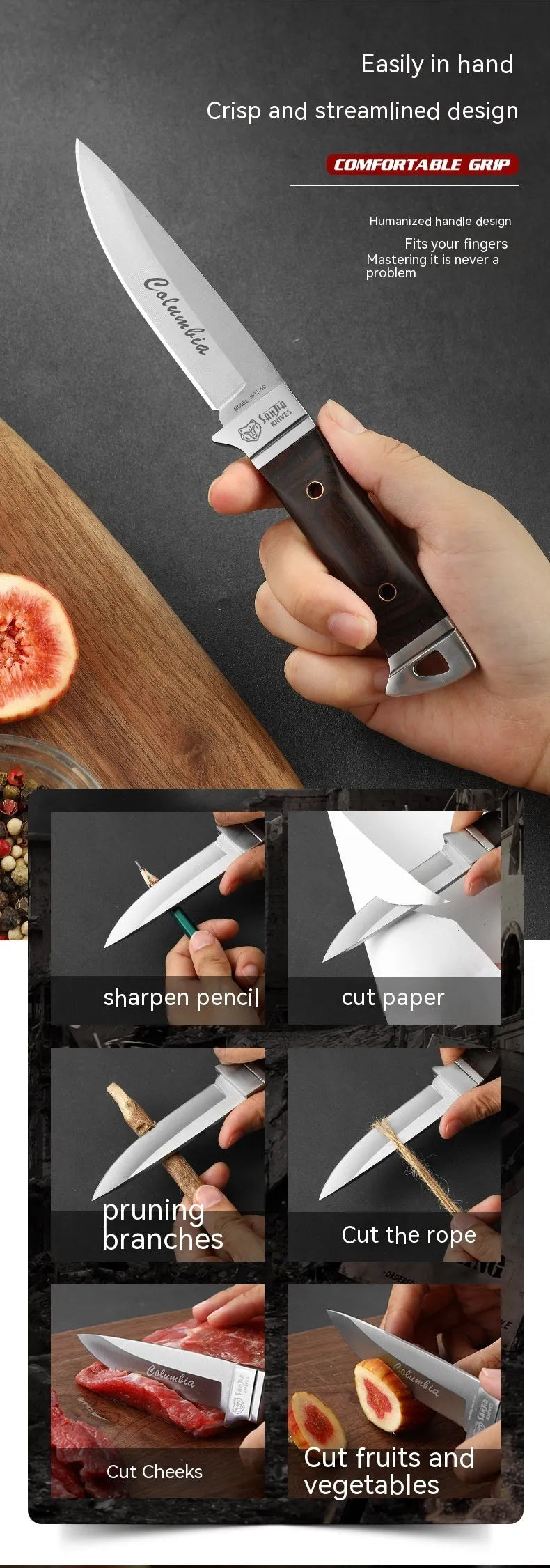 Camping portable fruit knife with leather case, stainless steel blade, national style design