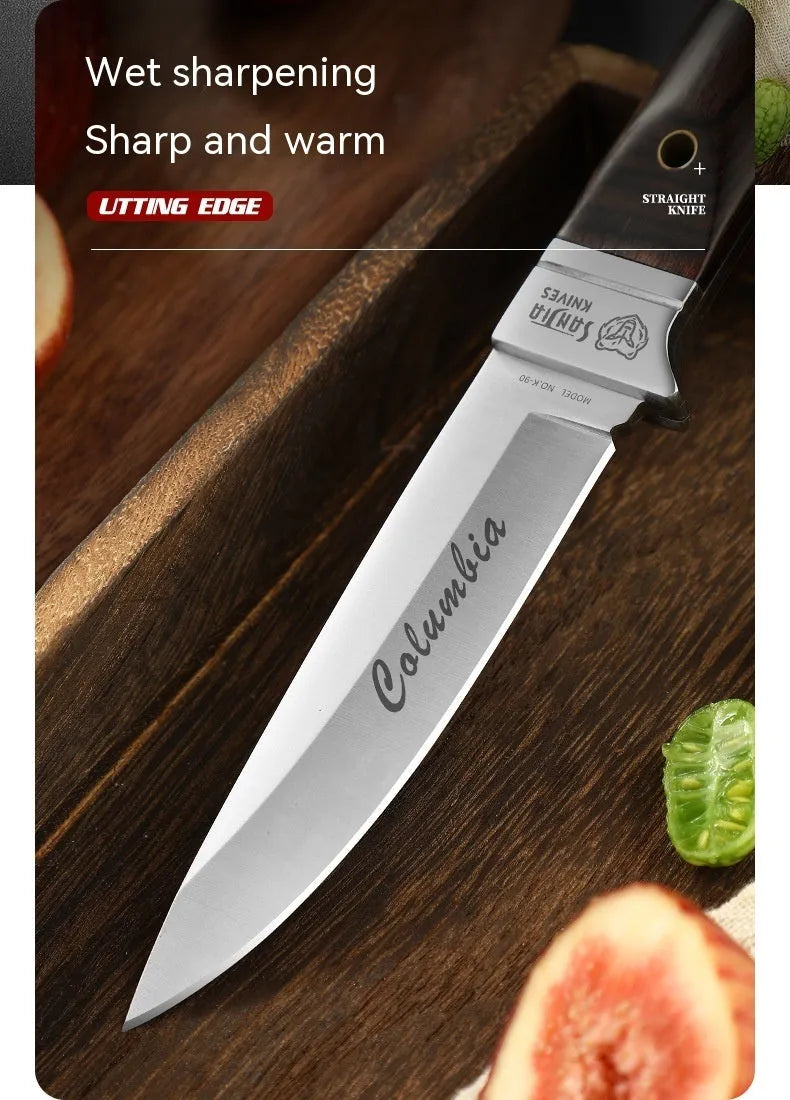 Camping portable fruit knife with leather case, stainless steel blade, national style design