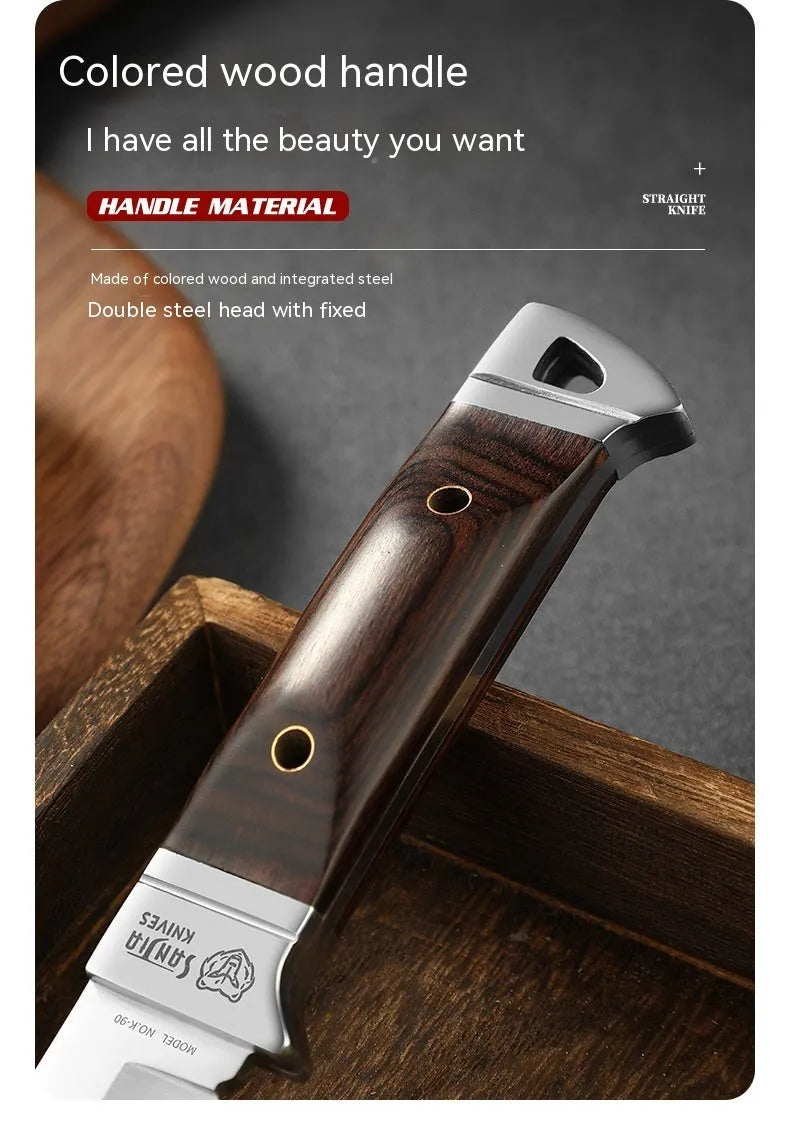 Camping portable fruit knife with leather case, stainless steel blade, national style design